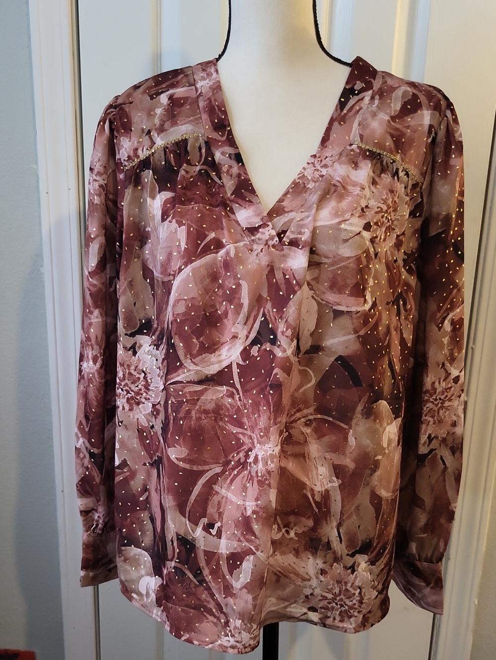 Cable & Gauge Floral Long Sleeve Top with Metallic Gold Flecks, Rhinestones